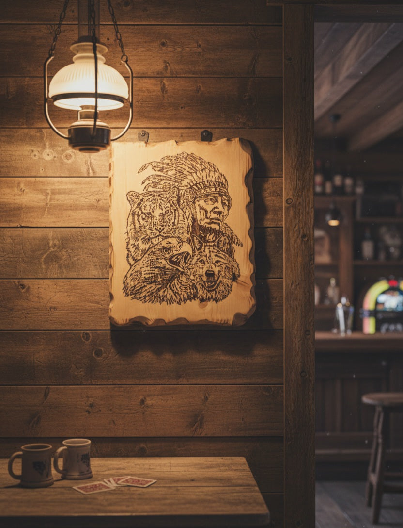 Cuadro de Indio con Leona, Loro y Lobo en Madera Natural, Diseños Únicos!