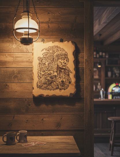 Cuadro de Indio con Leona, Loro y Lobo en Madera Natural, Diseños Únicos!