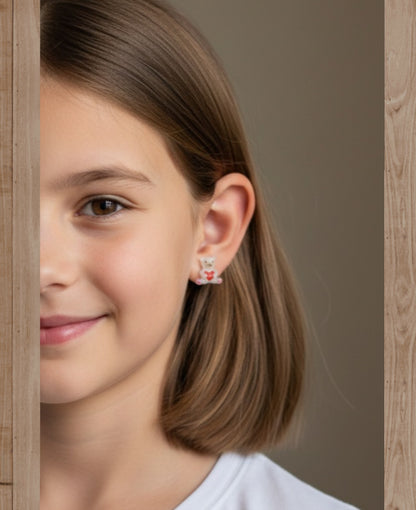 Acero Inoxidable Pendientes de Botón Osito Translúcido con Corazón Love