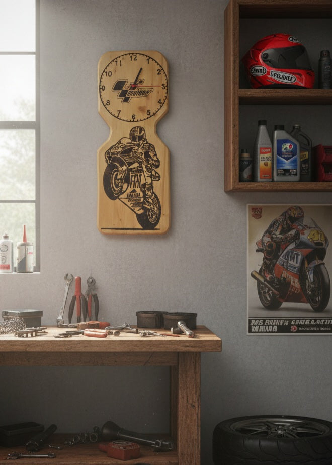 Cuadro con Reloj Moto GP en Madera Natural, Diseños Únicos!
