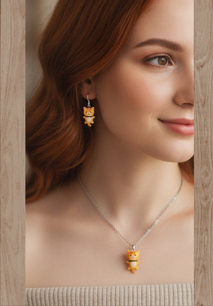 Plata de Ley Pendientes y/o Collar Gatito Anaranjado